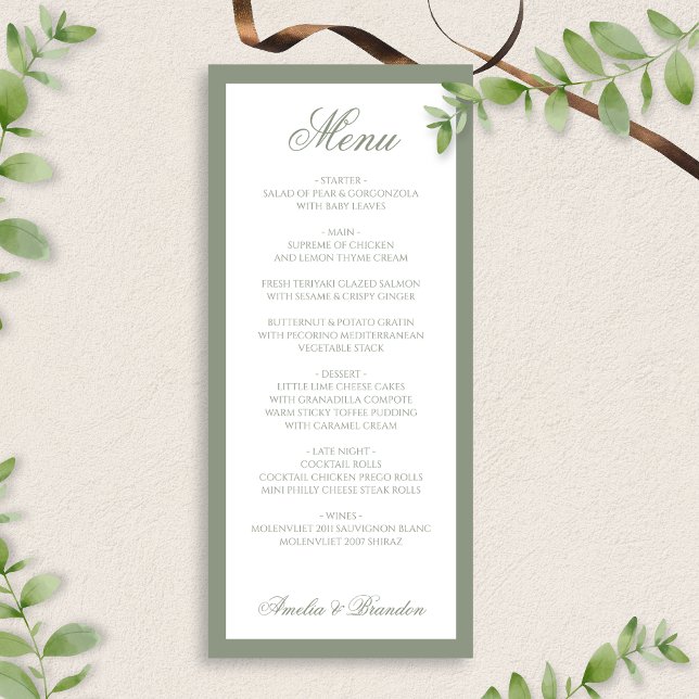 Menu Casamento de Manuscrito Verde de Sage Elegante For (Criador carregado)