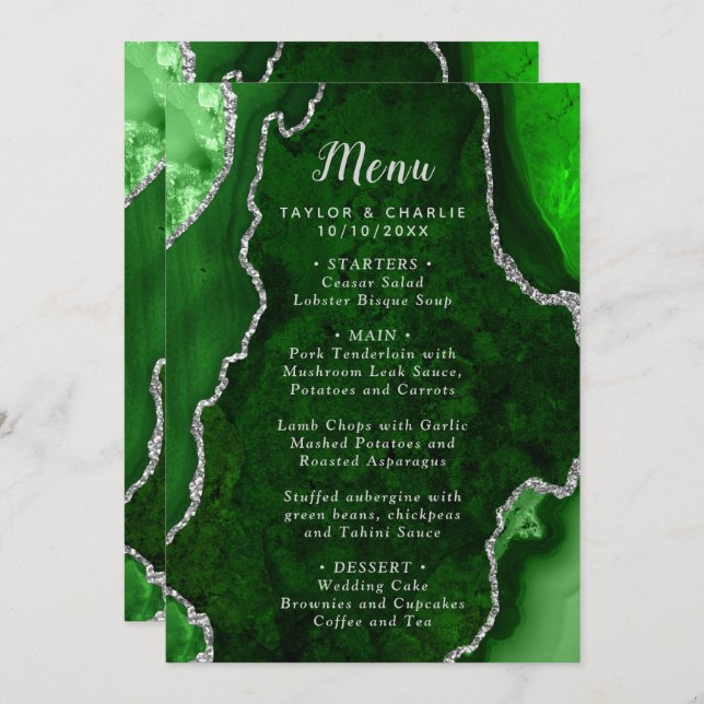 Menu Casamento de Marble de Agata Verde e Prateado (Frente/Verso)