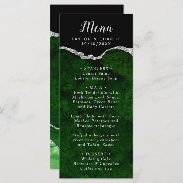 Menu Casamento de Marble de Agata Verde e Prateado (Frente/Verso)