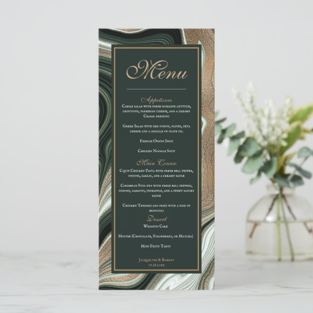 Menu Casamento de Marble Elegante Verde e Dourado (Em pé/Frente)
