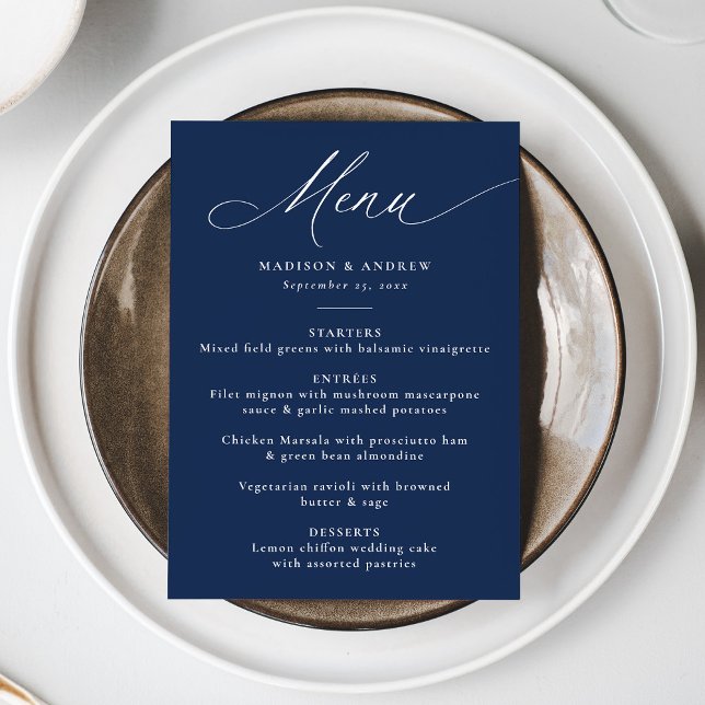 Menu Casamento de Marinho da Caligrafia Elegante Modern (Criador carregado)