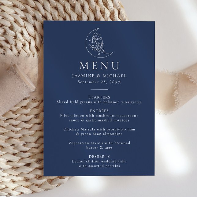 Menu Casamento de Marinho de Lua Botânica Elegante e Es (Criador carregado)