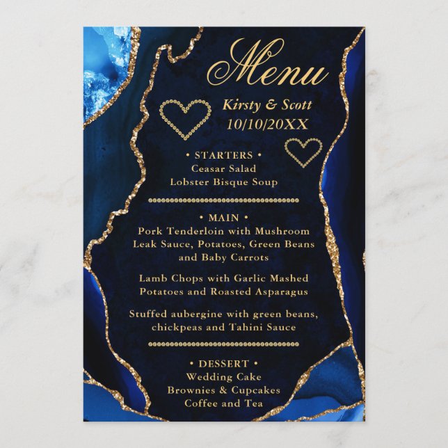 Menu Casamento de Mármore Ágata Brilho Azul e Dourado (Frente)