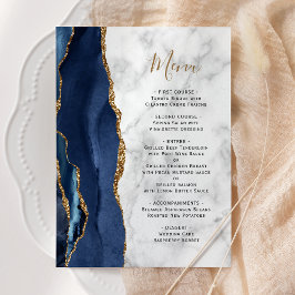 Menu Casamento de Mármore Ágata Dourada Azul Naval