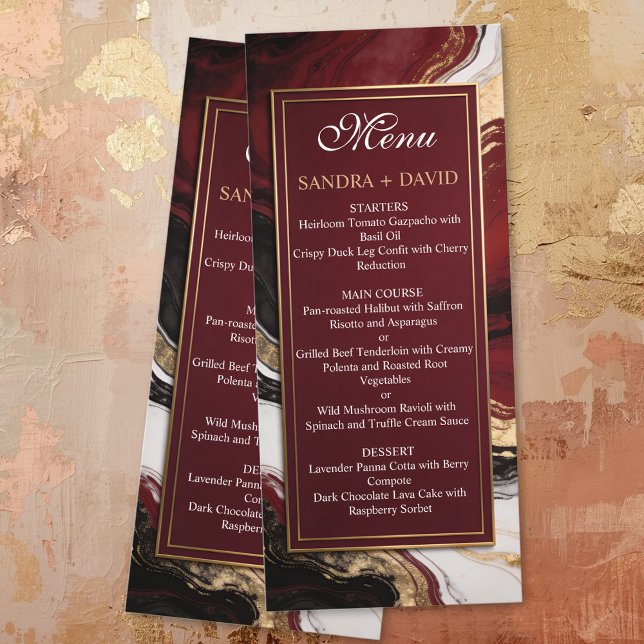 Menu Casamento de Mármore Burgundy e Dourado Elegante (Criador carregado)