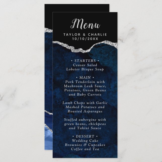 Menu Casamento de mármore marinho Blue e Silver Agate (Frente/Verso)