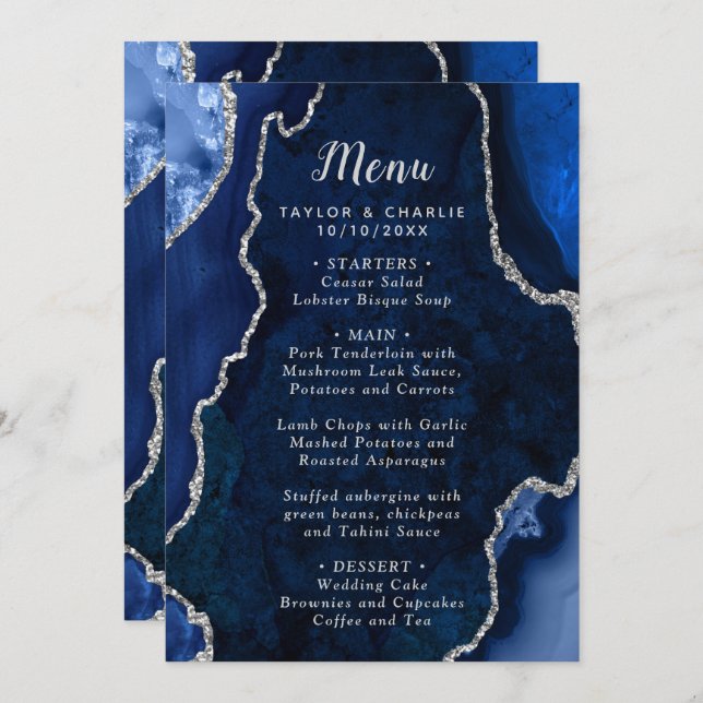 Menu Casamento de mármore marinho Blue e Silver Agate (Frente/Verso)
