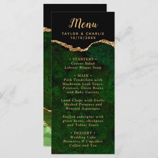 Menu Casamento de mármore verde e Dourado (Frente/Verso)