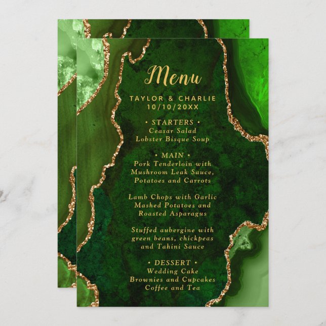 Menu Casamento de mármore verde e Dourado (Frente/Verso)