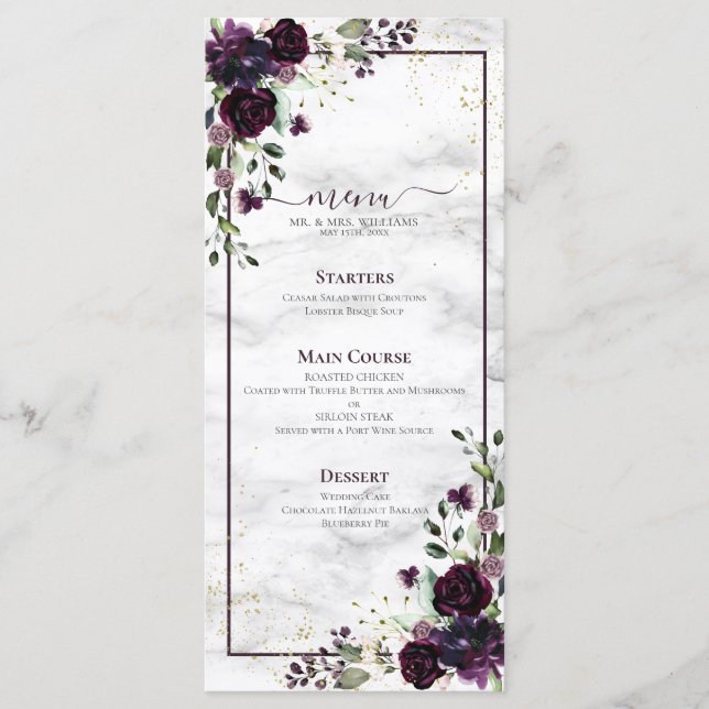 Menu Casamento de Mármores Dourados com Plum Purple Wat (Frente)