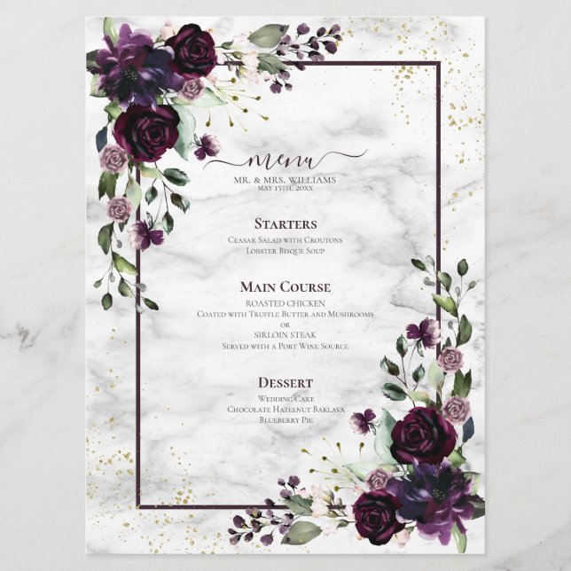 Menu Casamento de Mármores Dourados com Plum Purple Wat (Frente)