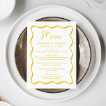 Menu Casamento de Mola Amarelo Moderno<br><div class="desc">Adicione um toque de vintage à sua festa de noivado, janto de ensaio ou recepção de casamento com este menu de casamento do Quadro de Ondas Amarelo Moderno. O design exibe os nomes do casal, a data do casamento e as opções de menu em letras amarelas em negrito cercadas por...</div>