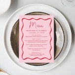 Menu Casamento de Mola Vermelha e Rosa Modernos<br><div class="desc">Adicione um toque de vintage à sua festa de noivado, janto de ensaio ou recepção de casamento com este menu de casamento do Quadro Moderno Rosa e Vermelho Wavy. O design exibe os nomes do casal, a data do casamento e as opções do menu em letras vermelho em negrito cercado...</div>