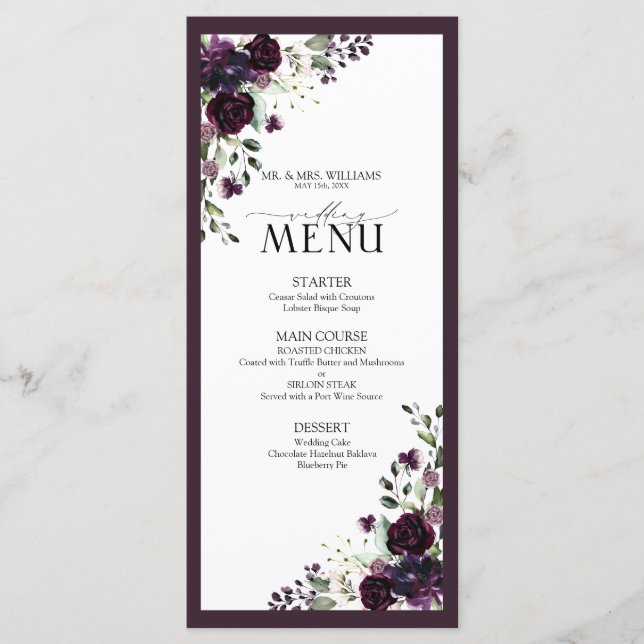Menu Casamento De Molas Florais De Molas De Plum Purple (Frente)