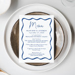 Menu Casamento de Moldura Azul Moderno<br><div class="desc">Adicione um toque de vintage à sua festa de noivado, janto de ensaio ou recepção de casamento com este menu de casamento do Quadro de Ondas Azul Moderno. O design exibe os nomes do casal, a data do casamento e as opções do menu em letras azuis em negrito, cercadas por...</div>