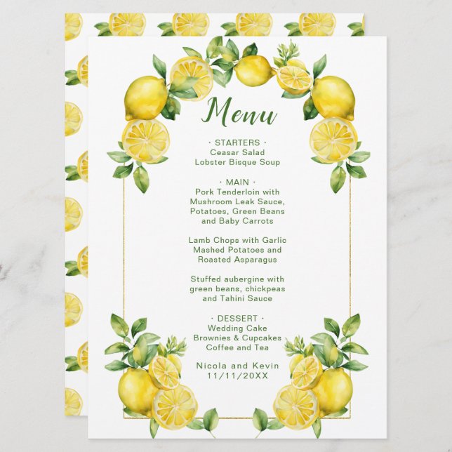 Menu Casamento de Moldura de Lemon Greenery (Frente/Verso)