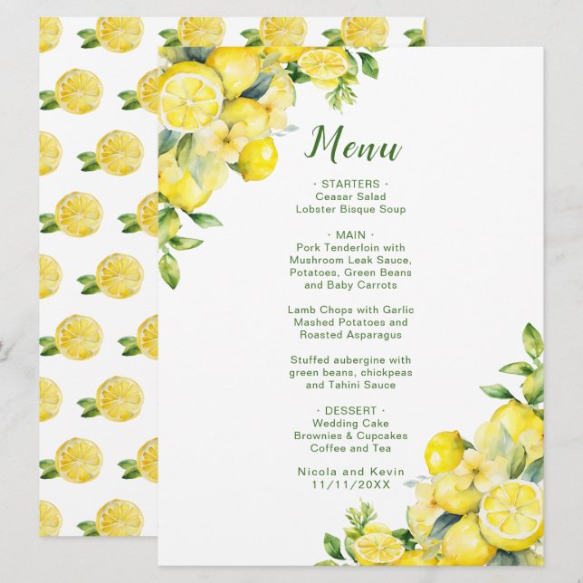 Menu Casamento de Moldura de Lemon Greenery (Frente/Verso)