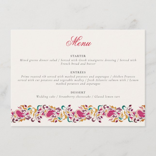 Menu Casamento de Moldura Floral Romântica Pearl Swan (Frente)