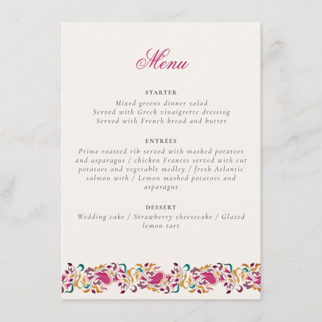 Menu Casamento de Moldura Floral Romântica Pearl Swan (Frente)