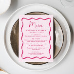 Menu Casamento de Moldura Moderno Rosa<br><div class="desc">Adicione um toque de vintage à sua festa de noivado, janto de ensaio ou recepção de casamento com este menu de casamento do Quadro de Ondas Moderno Rosa. O design exibe os nomes do casal, a data do casamento e as opções de menu em letras negrito rosa, cercadas por uma...</div>