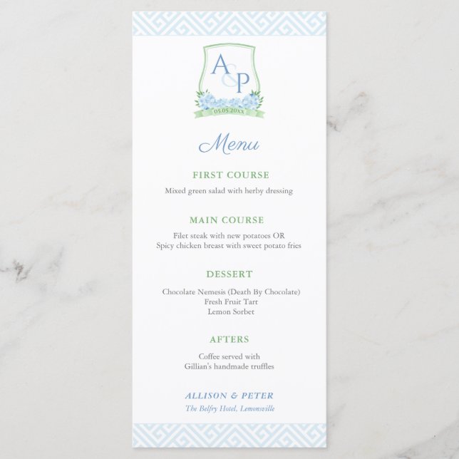 Menu Casamento de Monograma Azul Botânico Elegante (Frente)