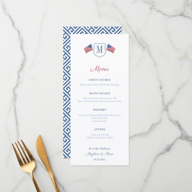 Menu Casamento De Monograma Azul E Branco Patriótico (Frente/Verso In Situ)