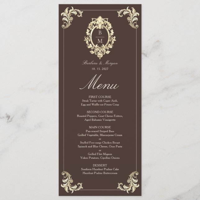 Menu Casamento de Monograma Barroco em Chocolate Marrom (Frente)