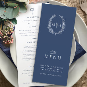 Menu Casamento de monograma branco-azul-escuro