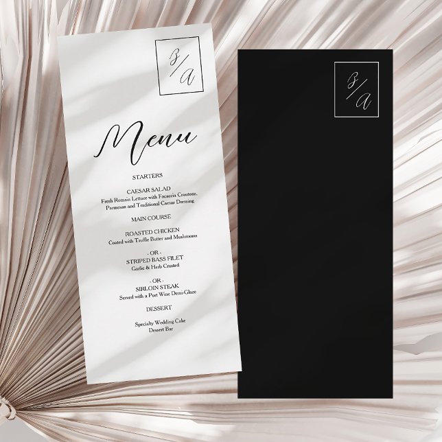 Menu Casamento de Monograma Branco e Preto Minimalista  (Criador carregado)