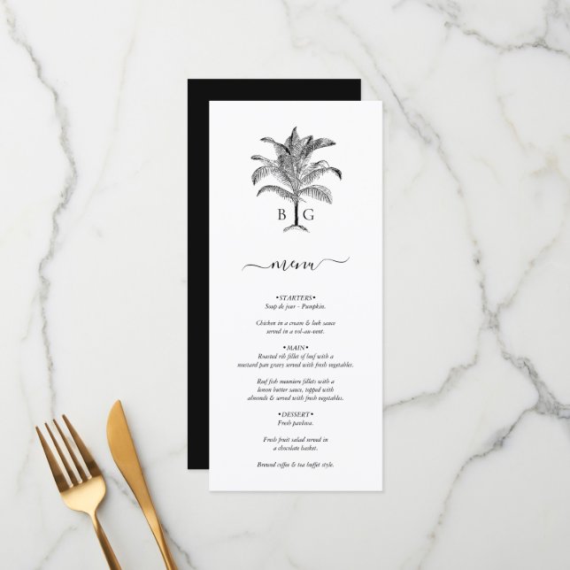 Menu Casamento de Monograma de Árvore Tropical Minimali (Frente/Verso In Situ)