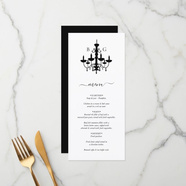 Menu Casamento de Monograma de Chandelier Branco Preto  (Frente/Verso In Situ)