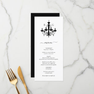 Menu Casamento de Monograma de Chandelier Branco Preto