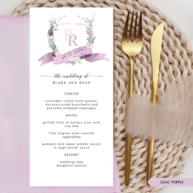 Menu Casamento de Monograma de Cor do Pastel Lilac Eleg (Criador carregado)