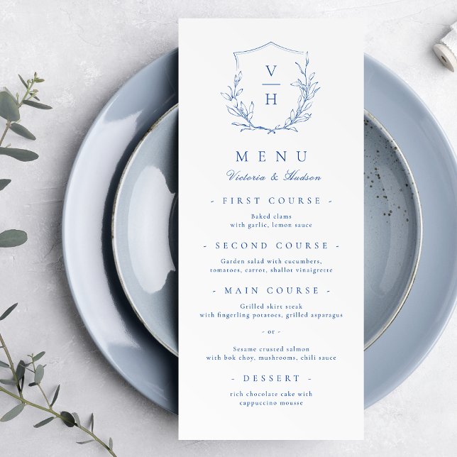 Menu Casamento de monograma de crista botânica simples  (Blue simple botanical crest monogram wedding Menu)