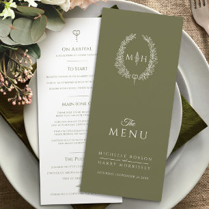 Menu Casamento de monograma de folha branca verde-oliva