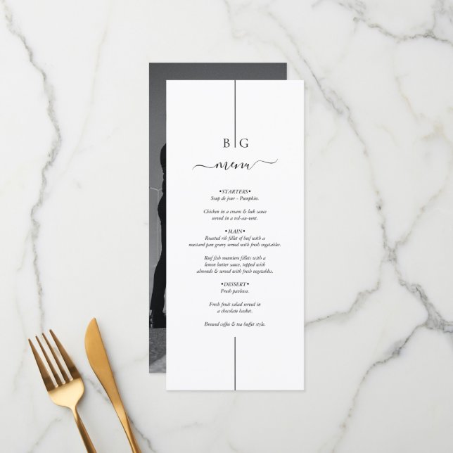 Menu Casamento de Monograma de Foto Moderna Minimalista (Frente/Verso In Situ)