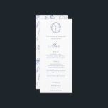 Menu Casamento de Monograma de Paixão Azul Regência<br><div class="desc">Monograma de Crest Azul de Regência Vintage,  menu de casamento. Vintage inspirou a crista barroca com a coordenação da tipografia azul. Recursos,  elegante padrão floral do Jardim Chinoiserie com apoio.</div>
