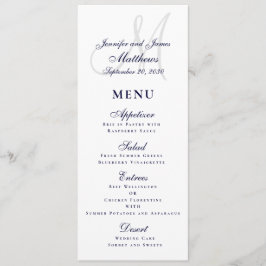 Menu Casamento de Monograma de Script Azul de Marinho E