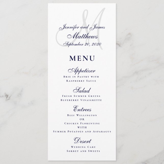 Menu Casamento de Monograma de Script Azul de Marinho E (Frente)