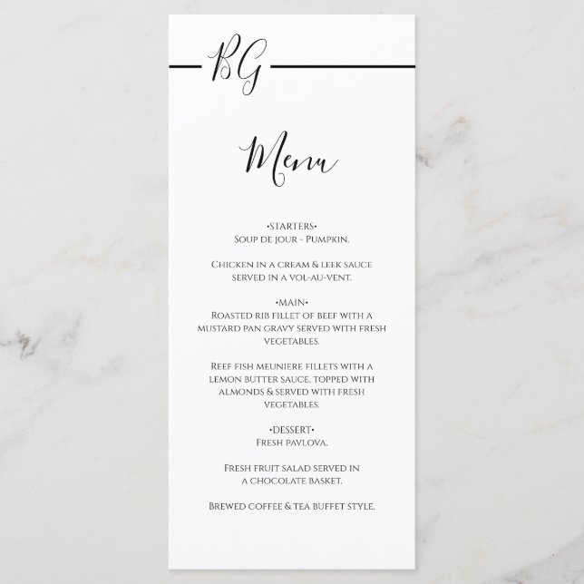 Menu Casamento de Monograma Minimalista Preto e Branco (Frente)