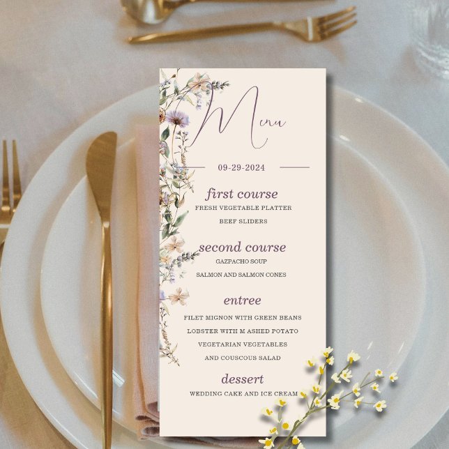 Menu Casamento de Monograma Moderno de Flores Selvagens (Criador carregado)