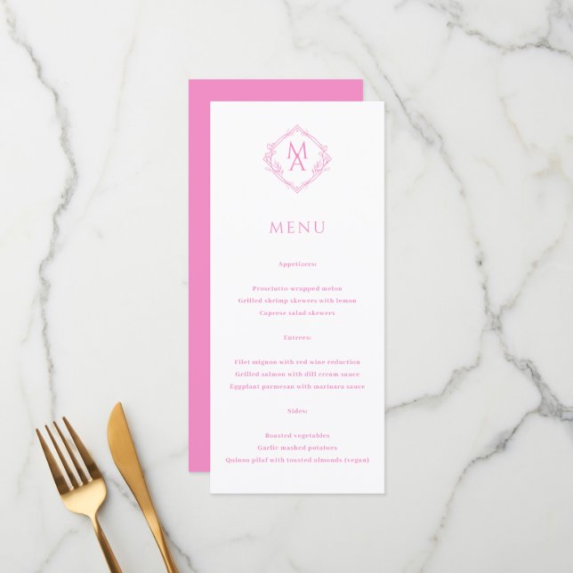 Menu Casamento de Monograma Rosa Floral de Diamond (Frente/Verso In Situ)