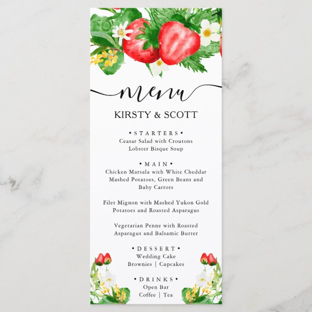 Menu Casamento de Morangos e Flores Brancas em Aquarela (Frente)