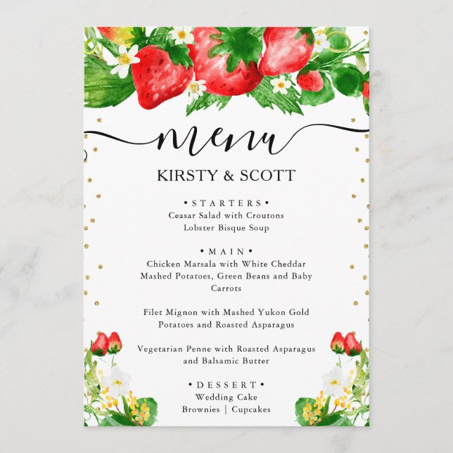 Menu Casamento de Morangos e Flores Brancas em Aquarela (Frente)