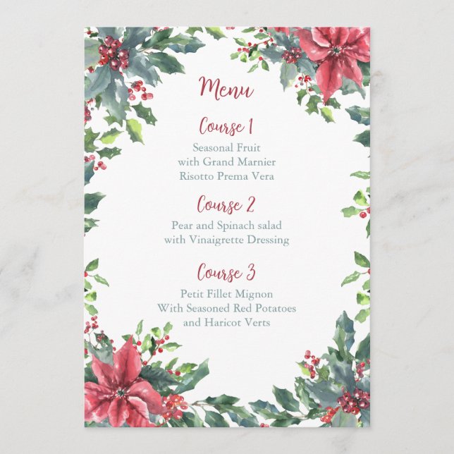 Menu Casamento de Natal de Holly Poinsettias Verde Verm (Frente)