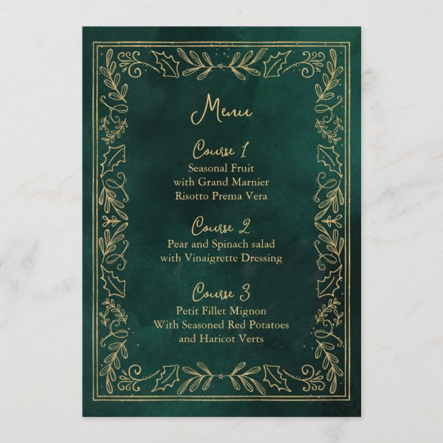 Menu Casamento de Natal Dourado Verde Holly Berry (Frente)