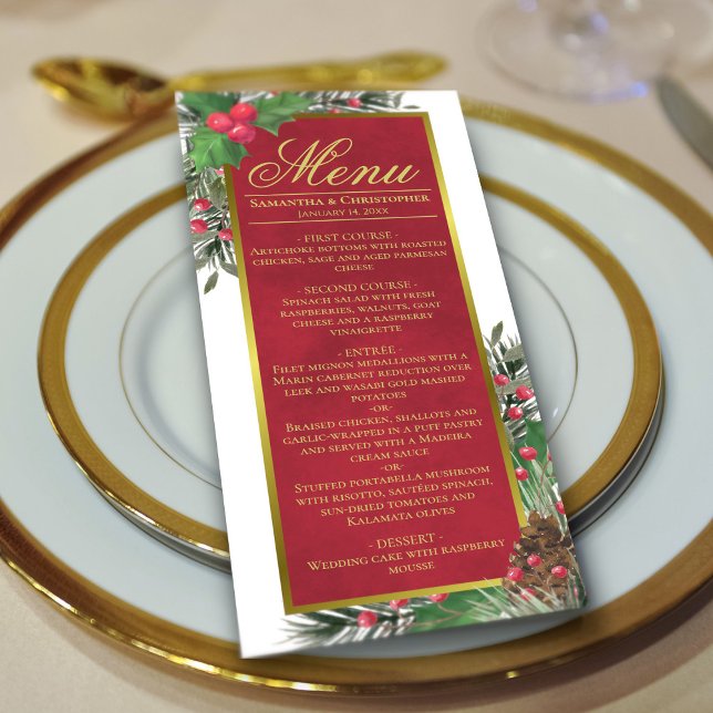 Menu Casamento de Natal Elegante Holly & Pine (In Situ on Plate)