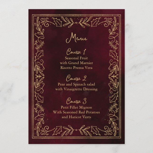 Menu Casamento de Natal Red Dourado Holly Berry (Frente)