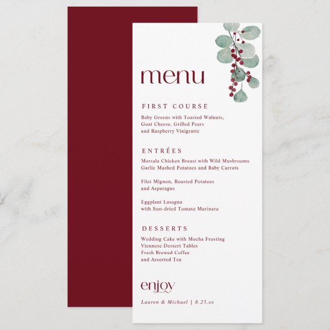 Menu Casamento de Natal Simples da Burgundy Elegante (Frente/Verso)