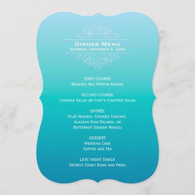 Menu Casamento de Ombre Azul Teal Azul, Moderno Elegant (Frente)